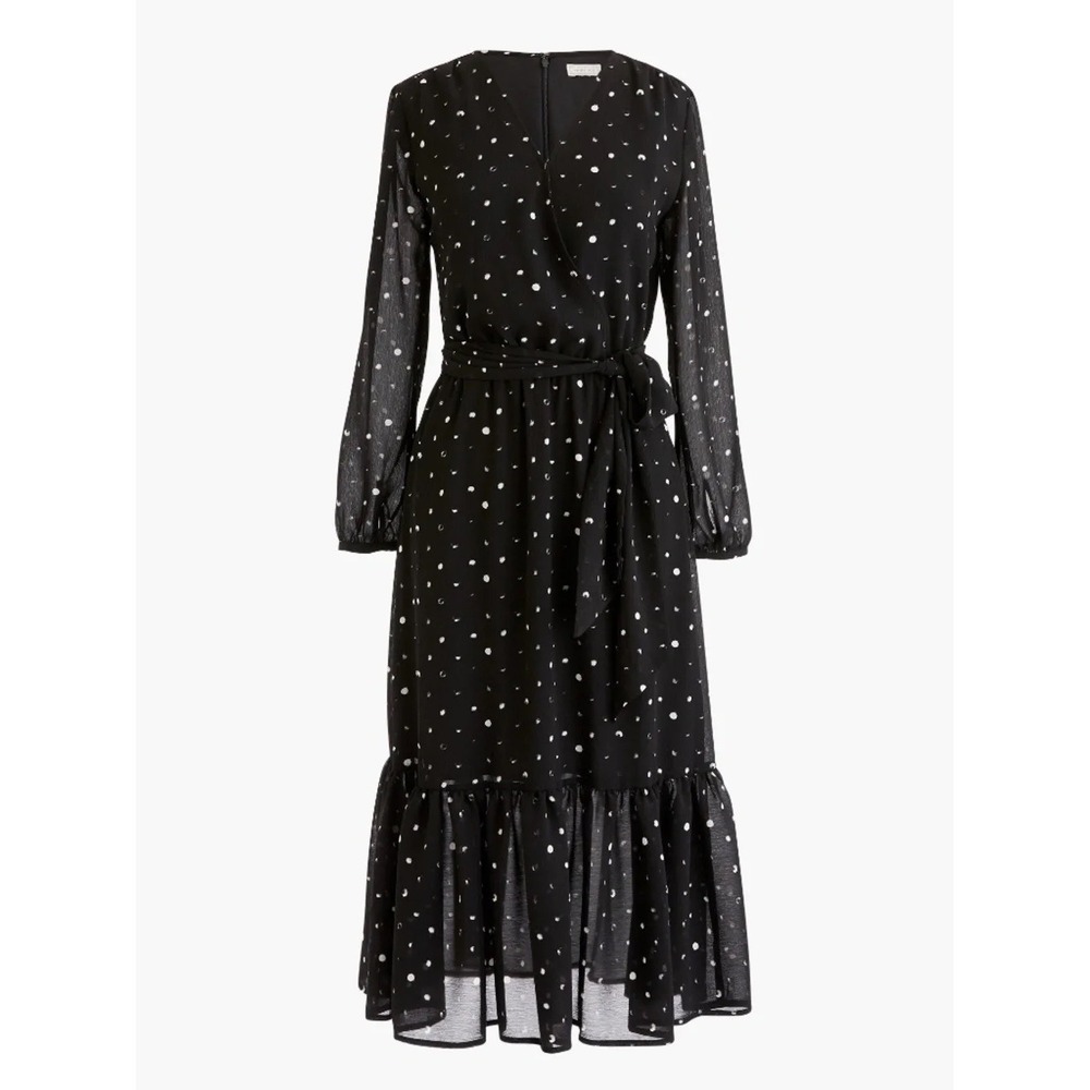 Point‎ Sur J. Crew Black Polka Dot Chiffon Wrap Ruffle Hem Dress | Size 4